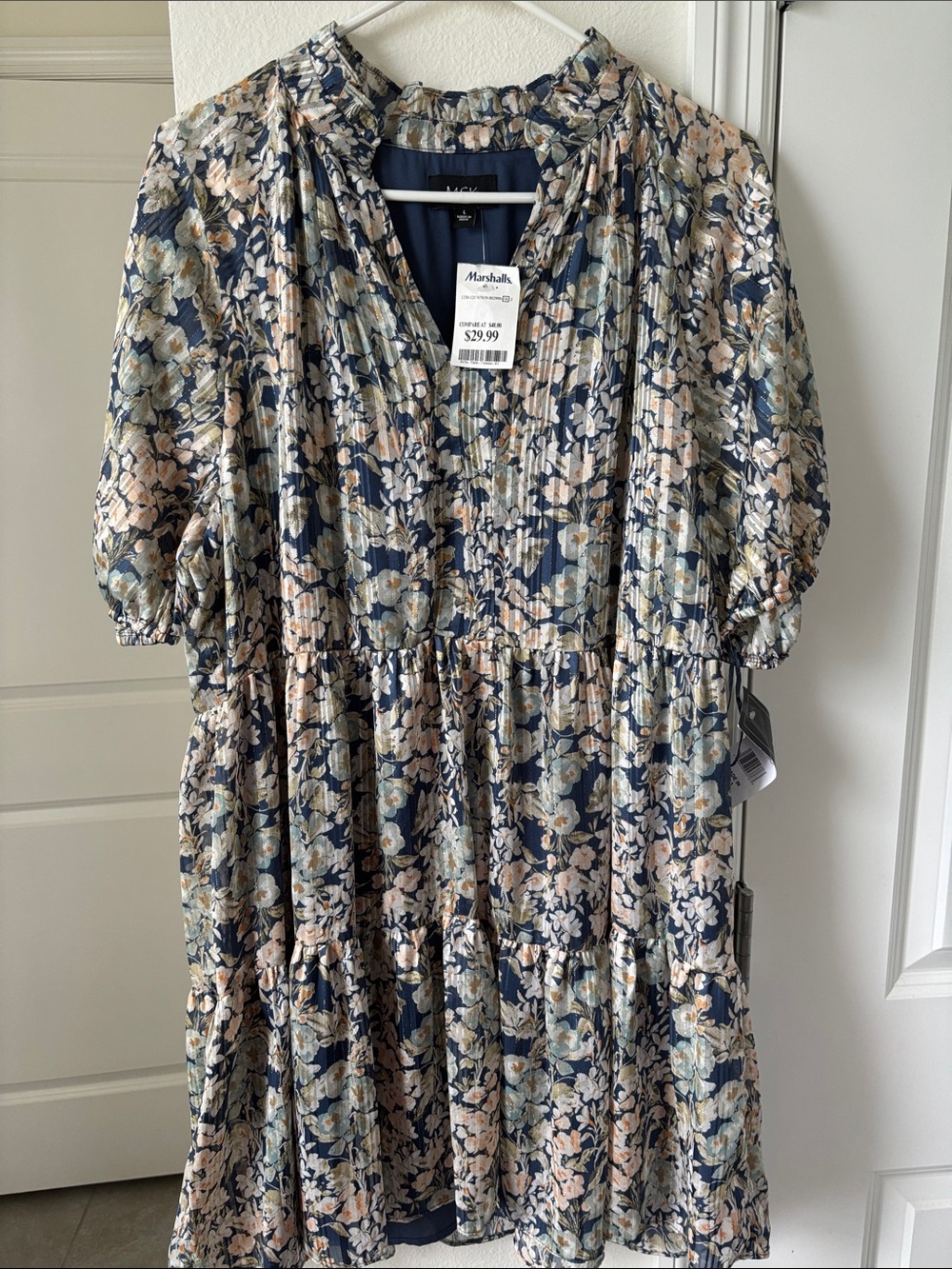 MSK Blue Floral Midi Dress with Cream and Sage Accents